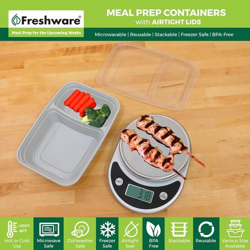 Freshware Meal Prep Containers - 25 Pack 2-Compartment Bento Boxes | BPA-Free, Stackable, Microwave & Freezer Safe (28 oz) - Grey