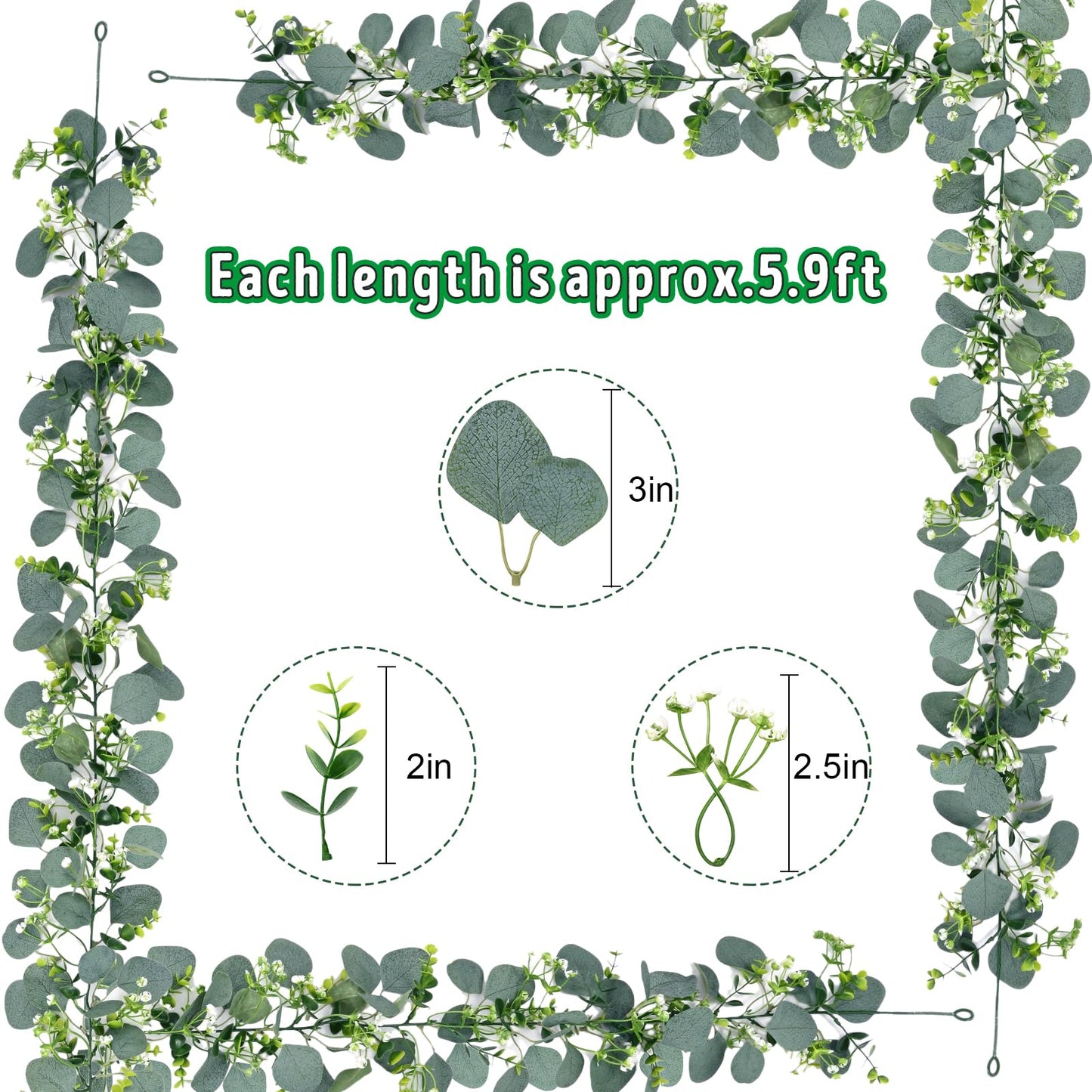 Waipfaru 8Pcs Eucalyptus Garland, 5.9FT Greenery Garland, Green Garland with Flowers, Artificial Faux Silver Dollar Eucalyptus Leaves Vines for Table Home Wedding Mantle Party Indoor Outdoor Decor