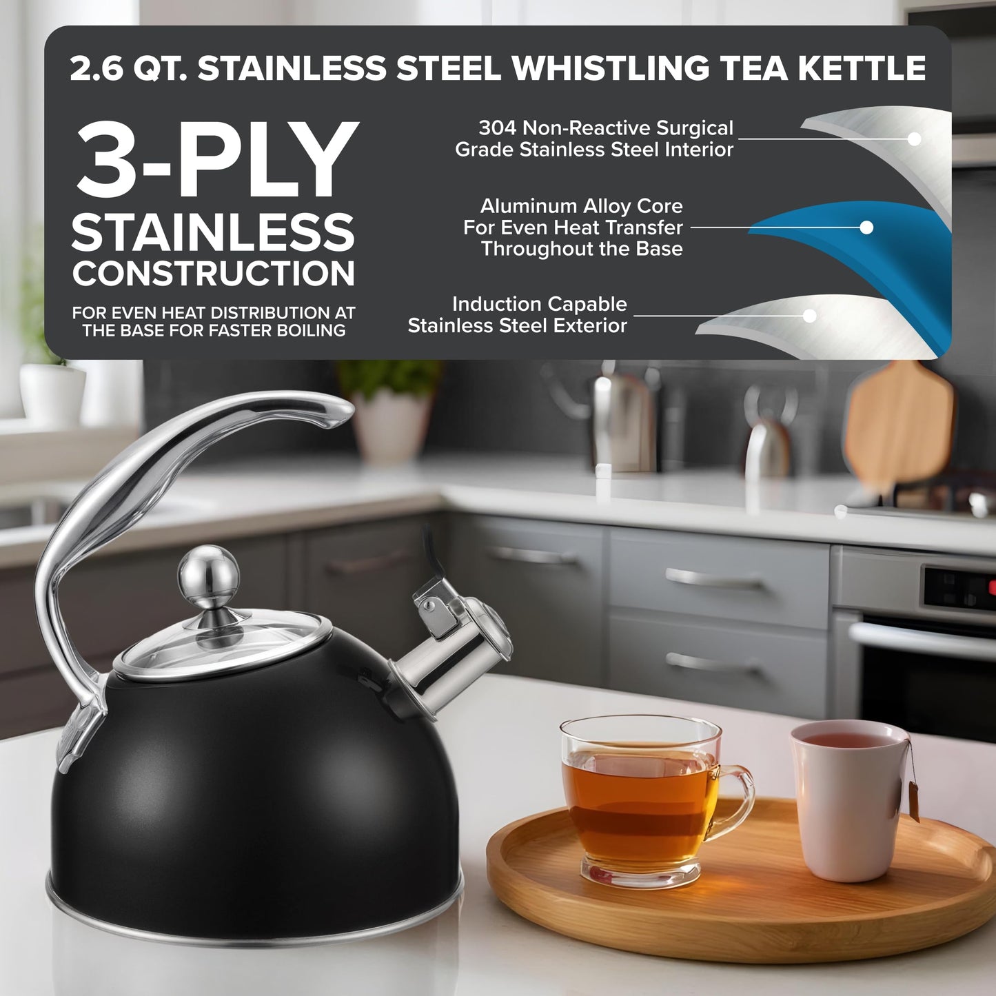 Viking 3-Ply Stainless Steel Tea Kettle, 2.6 Quart Stovetop Hot Water Pot with Tempered Glass Lid, Ergonomic Handle, Induction Ready, Matte Black