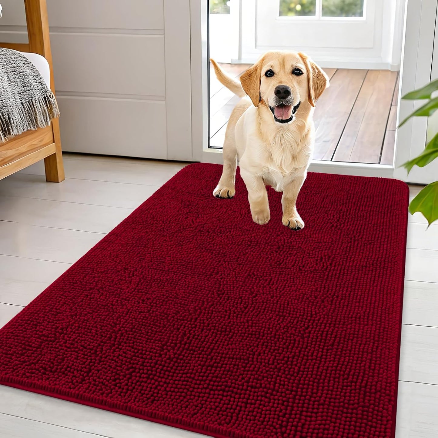 OLANLY Dog Door Mat - Absorbent Non-Slip Washable Chenille Mat for Muddy Paws | 44x32 Red