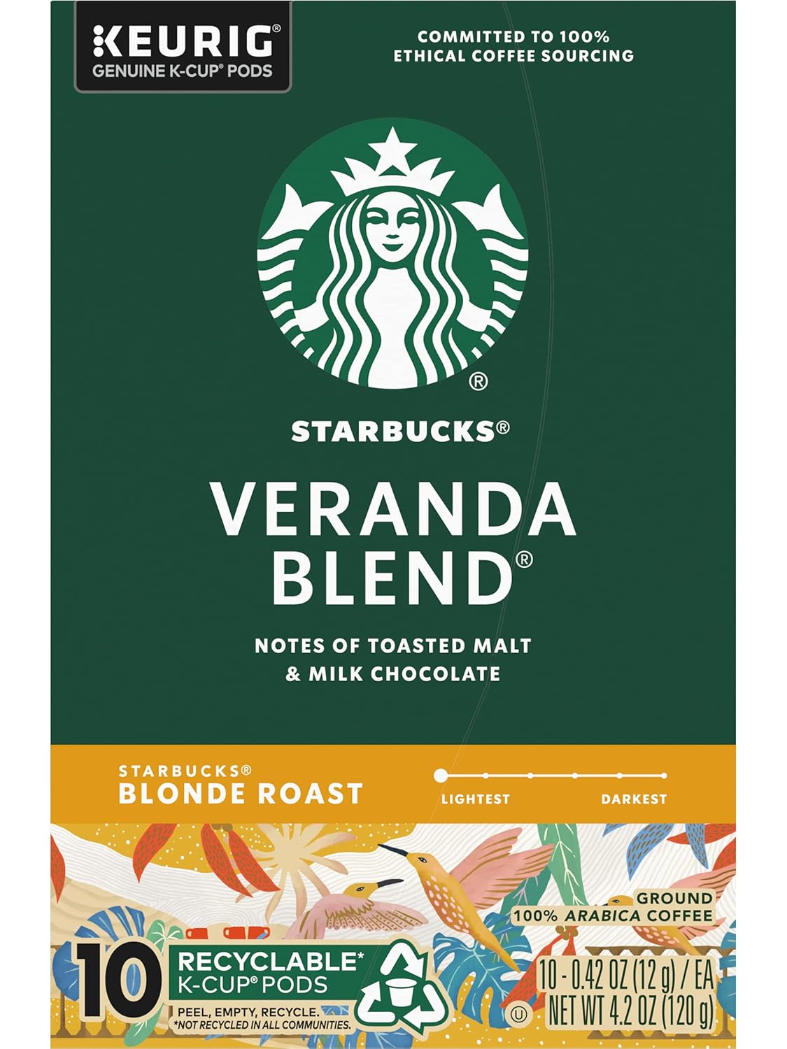 Starbucks K-Cup Pods - Veranda Blend Blonde Roast 100% Arabica Coffee - 10 Pods Per Box (Pack of 6)