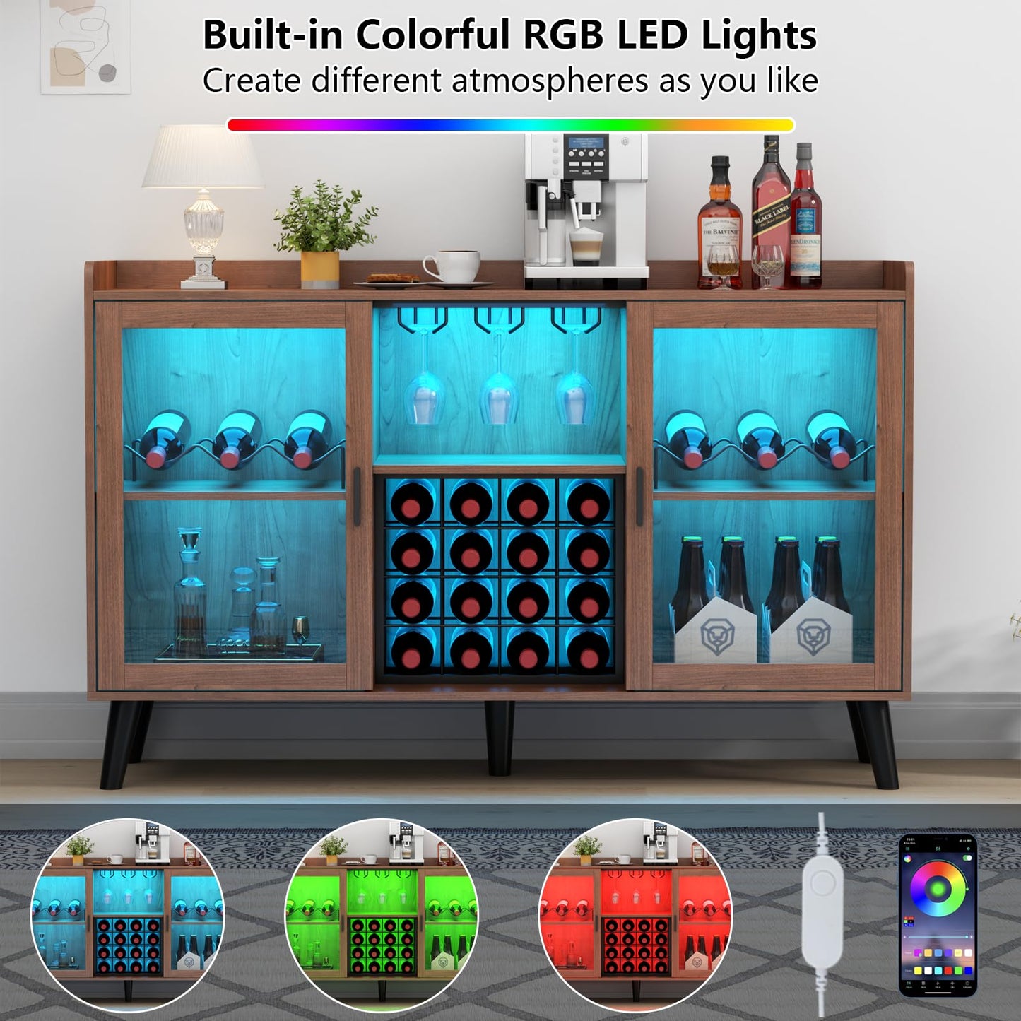 Loomie Wine Bar Cabinet with LED Light, Home Coffee Cabinet with Wine Rack and Glass Holder, Kitchen Buffet Sideboard W Storage Shelf, Freestanding Liquor Cabinet for Living Room, Dining Room (Walnut)