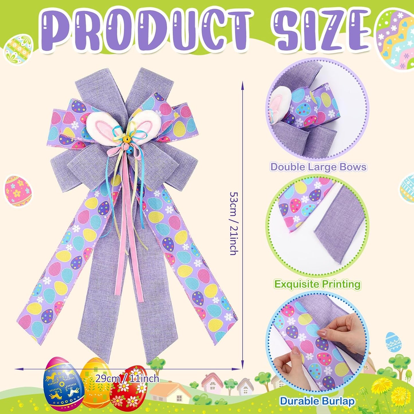 Skiennix Large Purple Spring Bows - 21x11 Inch Bunny Ear Decorative Wired Ribbon for Wreaths & Baskets