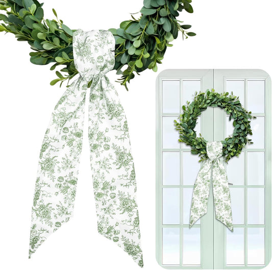 Whaline Green Flower Wreath Sash - Chinoiserie Floral Garland Ribbon for Holiday Decor | 2 Pcs