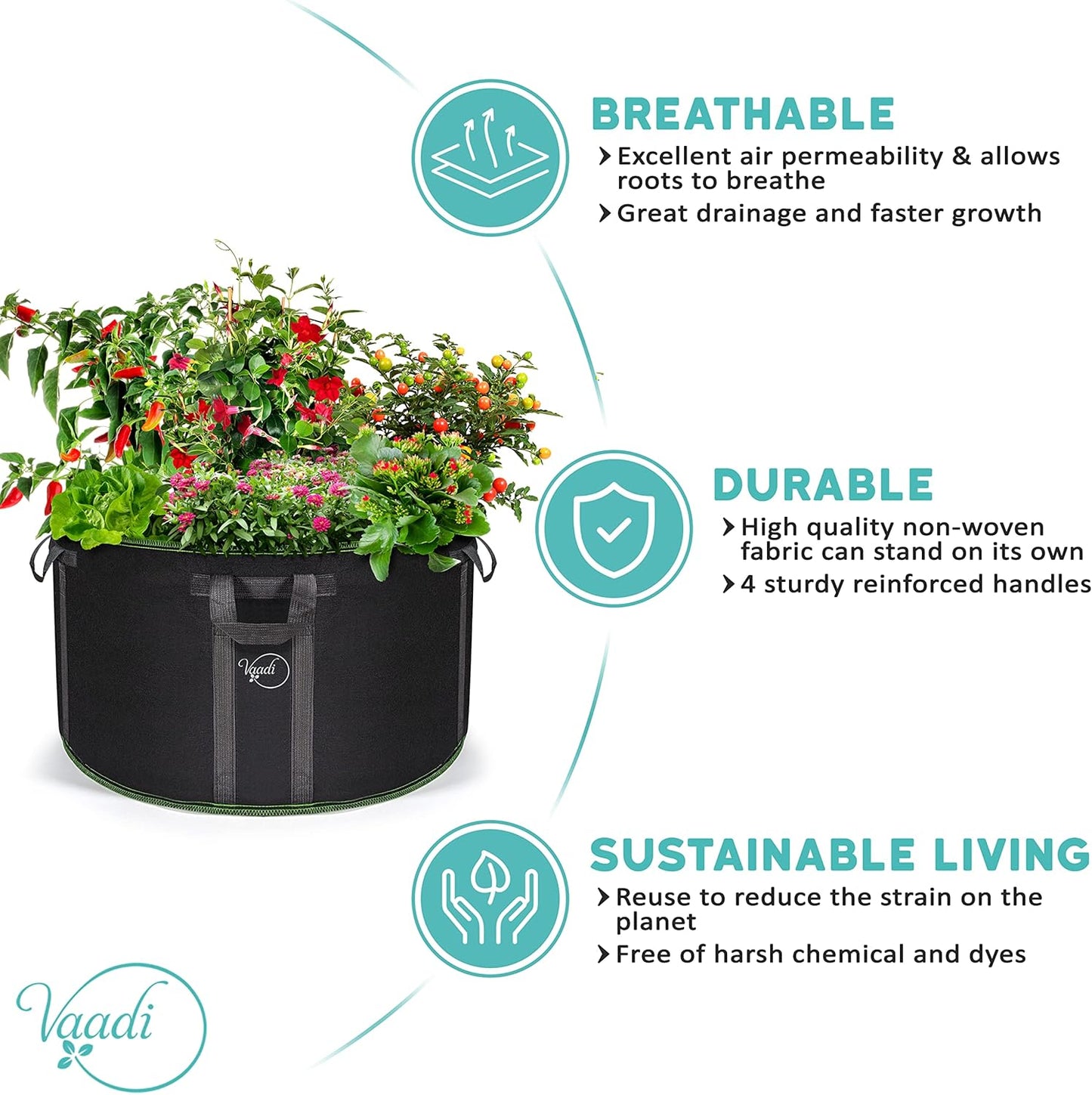 Vaadi 50 Gallon Plant Grow Bags - Durable Weatherproof Fabric Pots with Reinforced Handles | Large Capacity for Vegetables