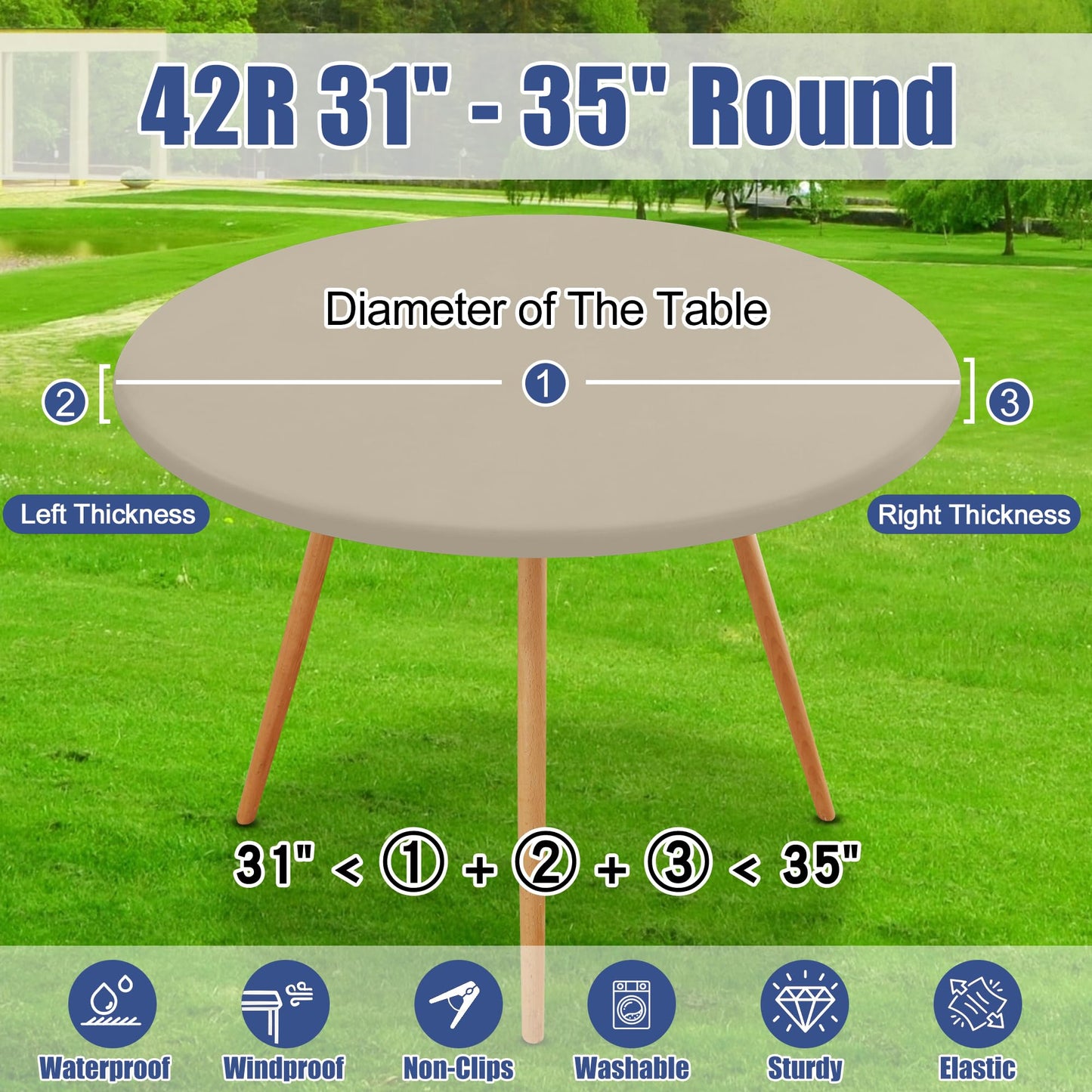 Moosfor Round Spandex Tablecloth, Elastic Fitted Waterproof Tablecloths for 31"-35" Tables, Stretch Washable Picnic Table Cover for Camping, Dining, Indoor and Outdoor, Taupe