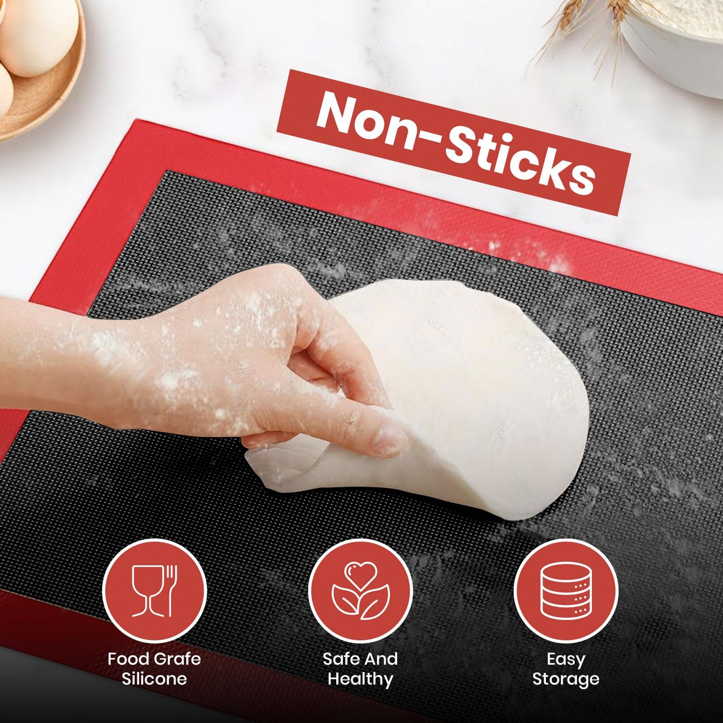 Kitchen Silicone Baking Mat, 2 Pack 16.5″ x 11.6″ Reusable Extra Thick Nonstick, Non-slip Baking Sheets, BPA-Free Food-Safe, Heat-Resistant up to 480°F, Perfect for Cookies, Pastries & Oven Use
