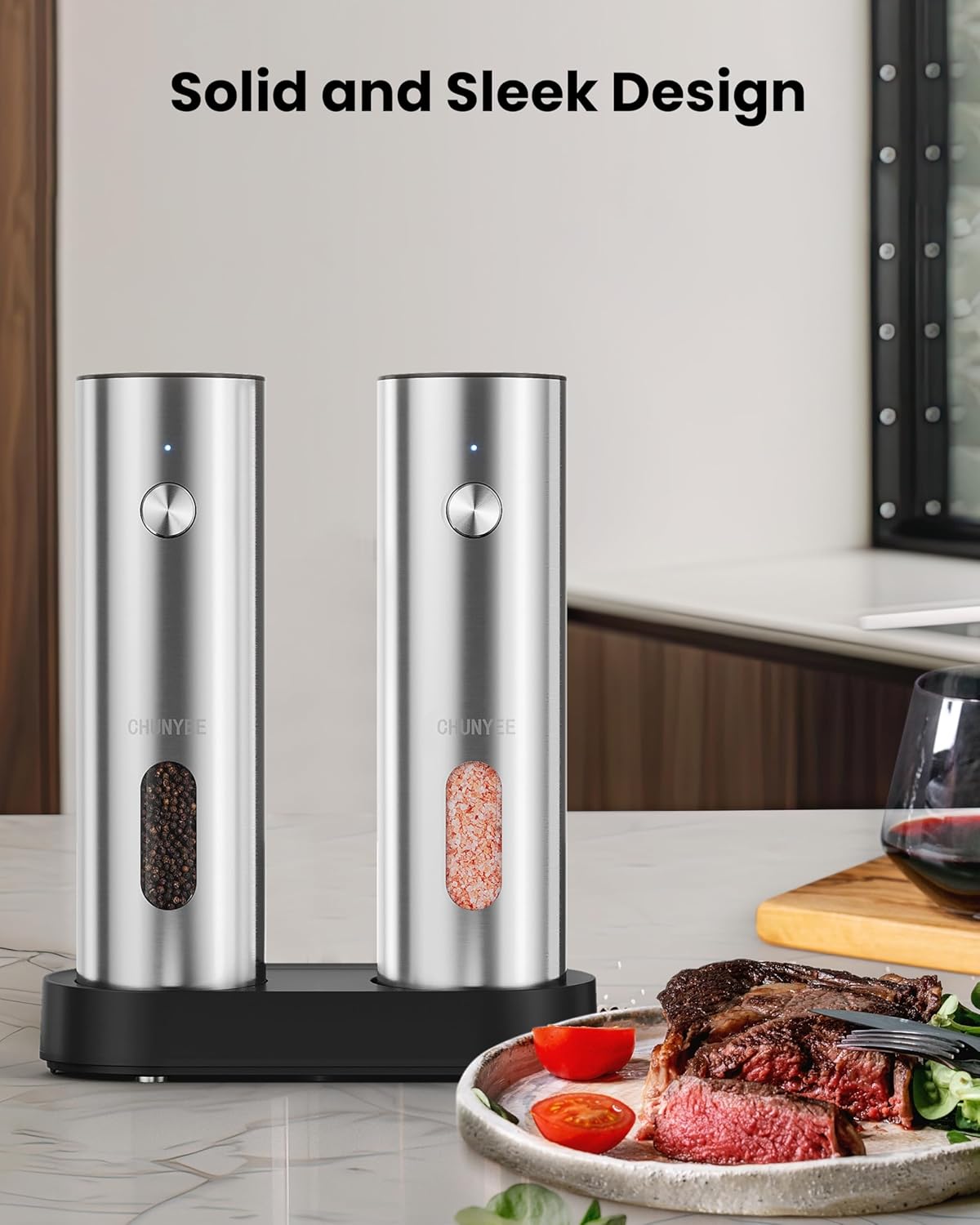 Skiennix Electric Salt and Pepper Grinder Set - Rechargeable, Large Capacity, LED Light & Adjustable Coarseness for Kitchen & BBQ