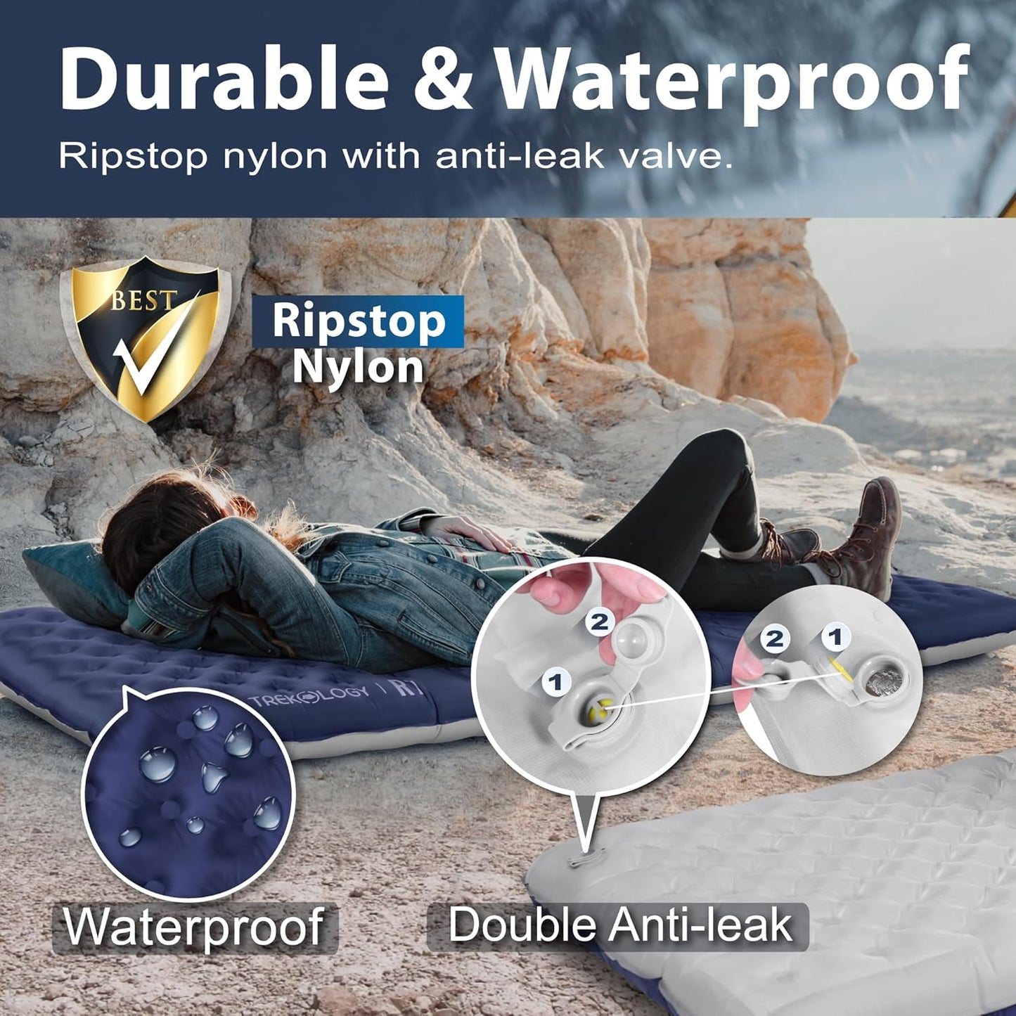 TrekoLOGY Camping Sleeping Pad - Ultra-Lightweight 4" Thick Mat with 7.2 R-Value | Waterproof & Durable for All Seasons