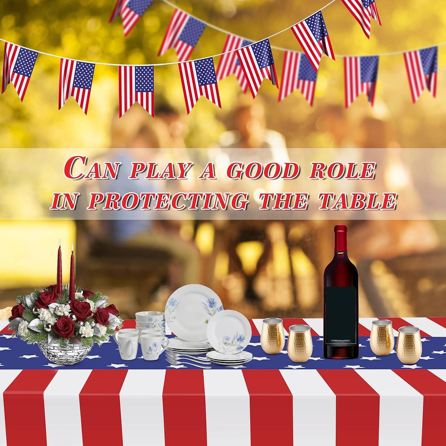 Childom 2 Pack Patriotic Tablecloths,Patriotic Decorations 54" x 108" Disposable American Flag Tablecloths for Event Accessories,Plastic Table Cloth for Veterans,July 4th,Picnic,Dinner,Party Supplies