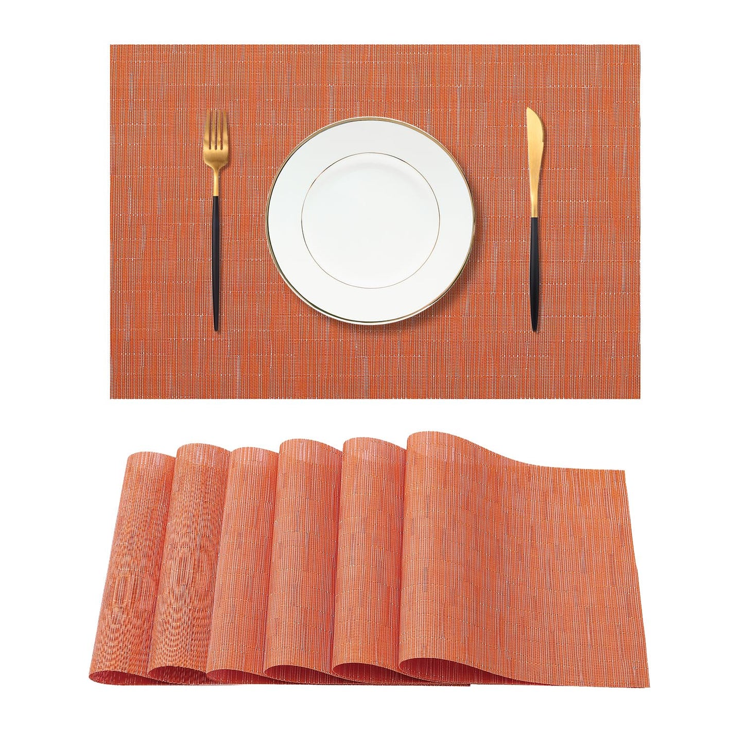 Leetaltree Orange Placemats Set of 6 - Heat Resistant Non-Slip Place mats for Dining Table, Washable Durable PVC Vinyl Woven Table Mats（Orange, 6）