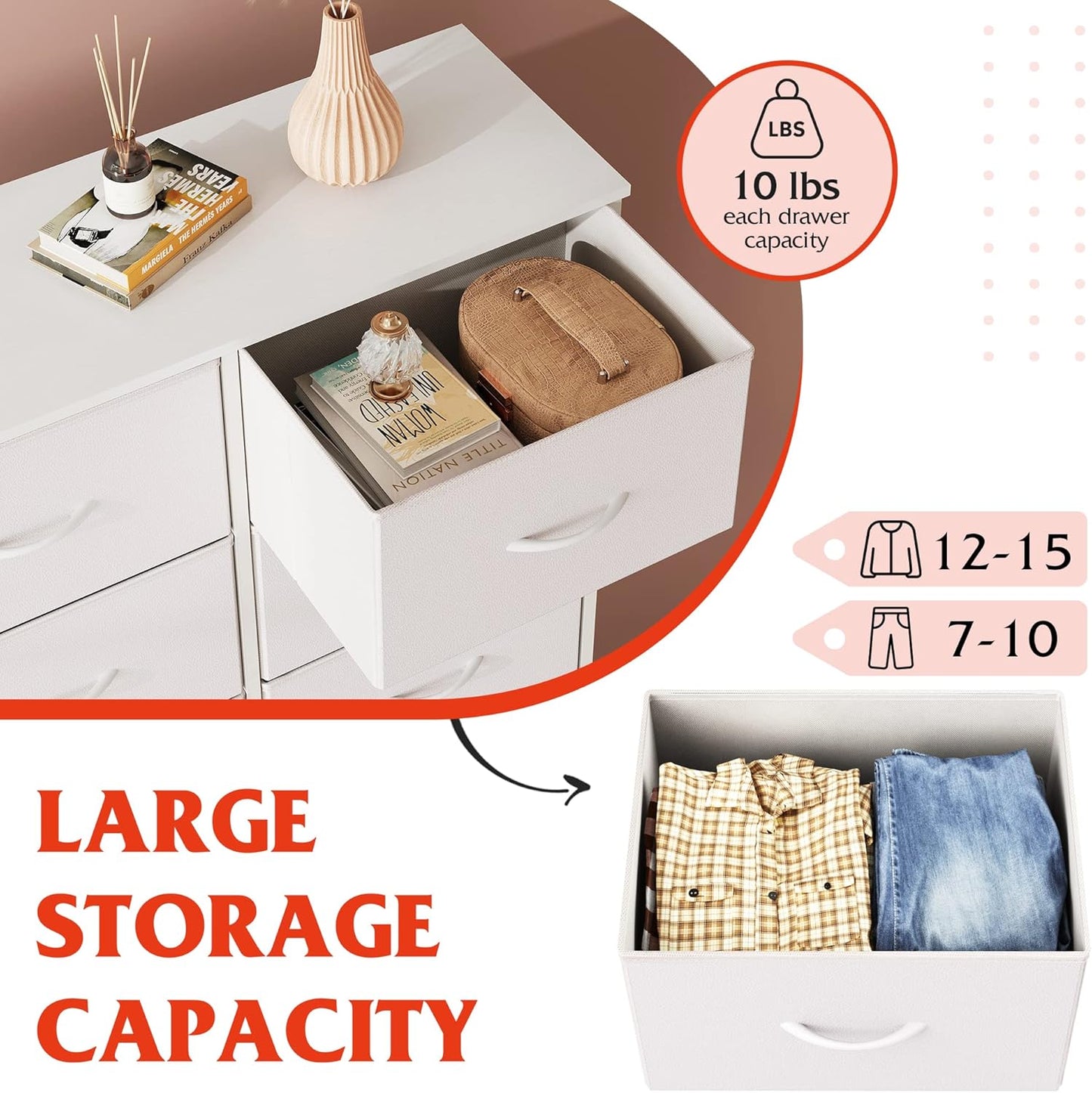 WLIVE White Dresser - 6 Fabric Drawers with Metal Frame & Wooden Top | Versatile Storage for Bedroom & Living Room