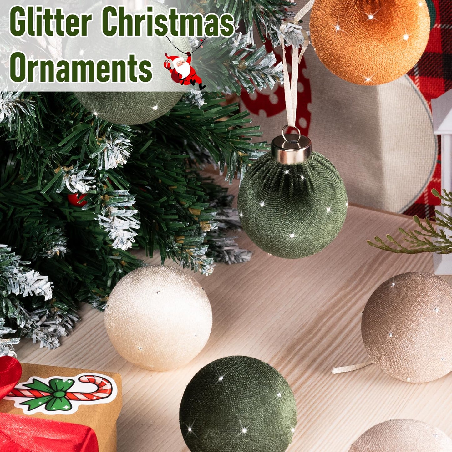 TonJin Christmas Tree Ornaments Velvet Balls 12 Pack, 2.36"/60mm Glitter Shatterproof Hanging Flocked Xmas Bulbs Decorations, Lightweight, Burnt Orange Green Beige Neutral,Holiday Party Home Decor