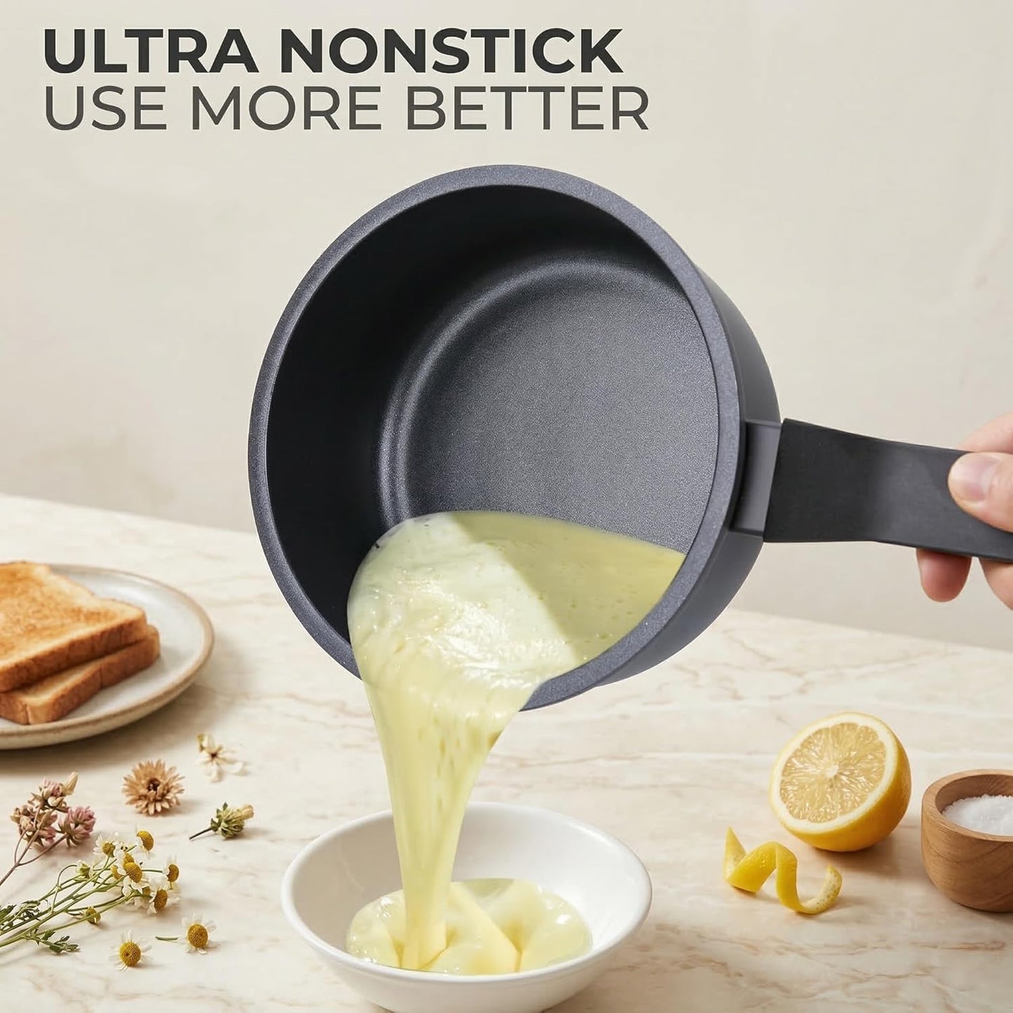 Skiennix Nonstick Sauce Pan - 1.5QT Induction Pot with Lid | PFOA Free, Black Finish