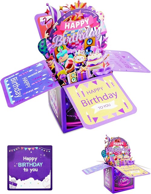 3D Birthday Gift Box - Unique Pop-Up Card with Blank Greeting Card & Envelope for Women