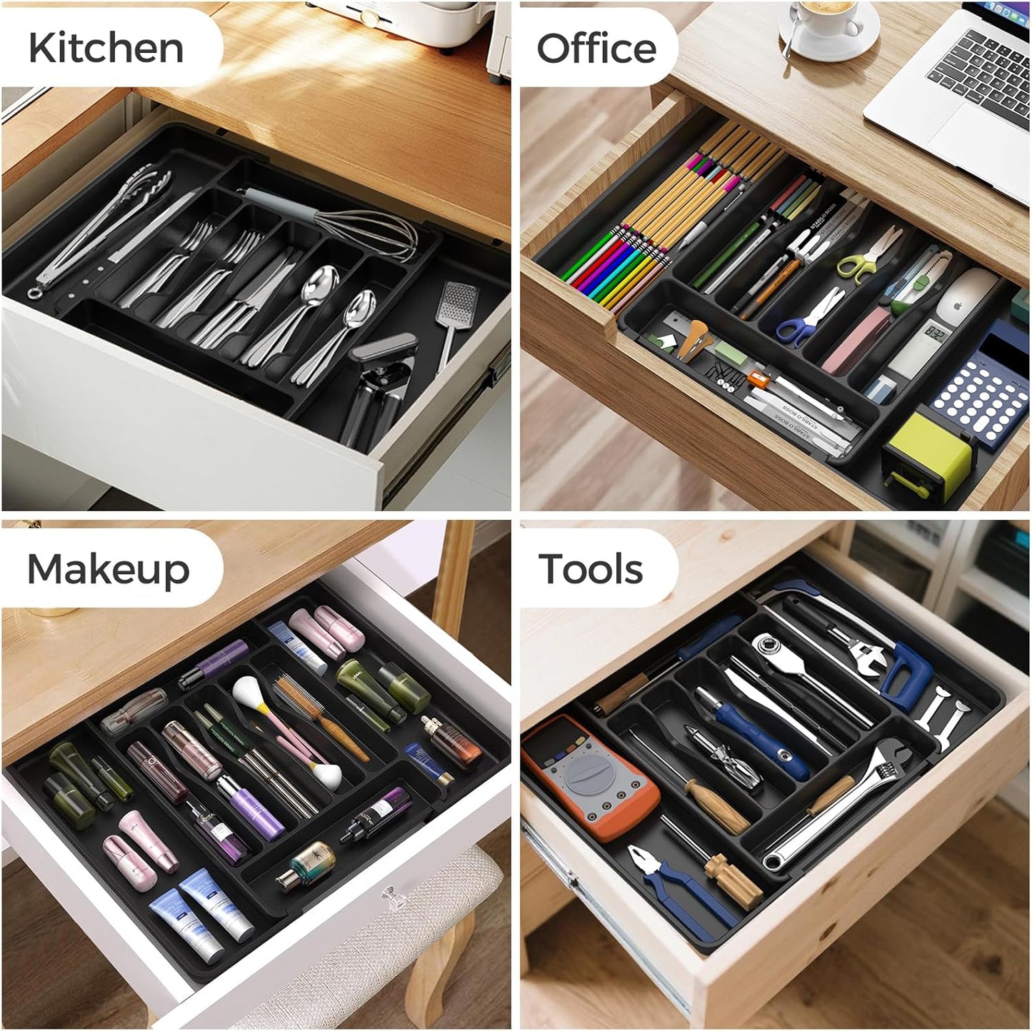 Ukeetap Extra Large Expandable Silverware Organizer - BPA-Free Kitchen Utensil Drawer Holder | Adjustable Black Design