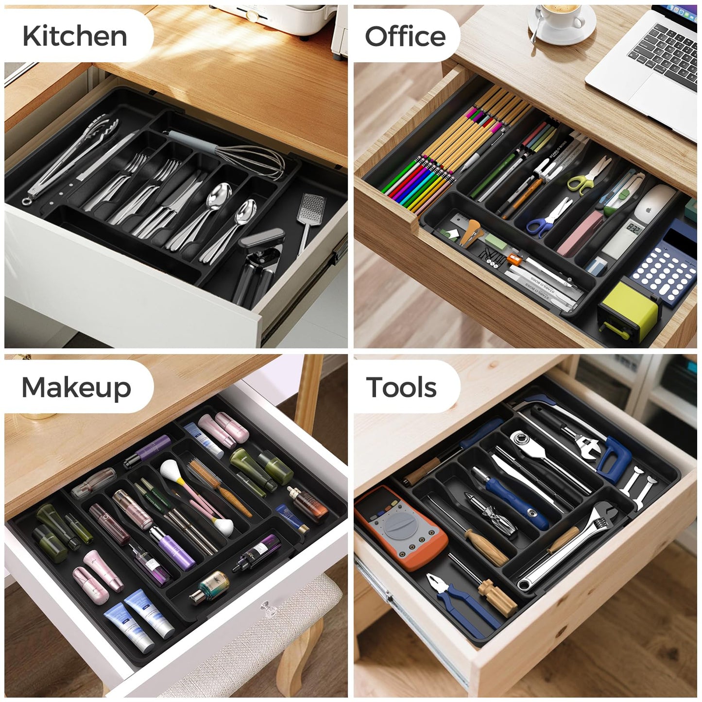 ukeetap Extra Large Expandable Silverware Organizer, BPA-Free Food-Safe Cutlery Flatware Organizer, Kitchen Utensil Drawer Organizer, Adjustable Silverware Holder for Spoons Forks Knives