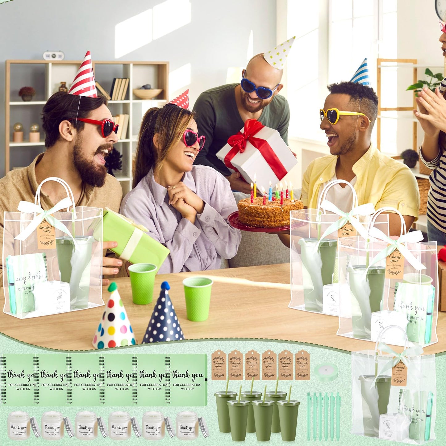 Nuogo 6 Sets New Parent Shower Prizes for Player Winners Adult, Wedding Bridal Shower Gift, Plastic Tumbler Notebook Scented Candle Ballpoint Pen Bag (Green Color,Classic Style)