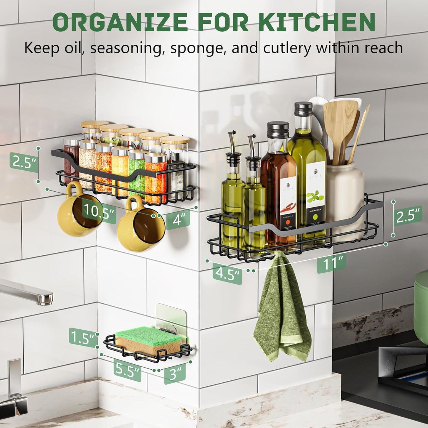 OMAIRA Shower Caddy - 3-Pack Rustproof No-Drill Organizer with Soap Holder for Smooth Walls | Large Size
