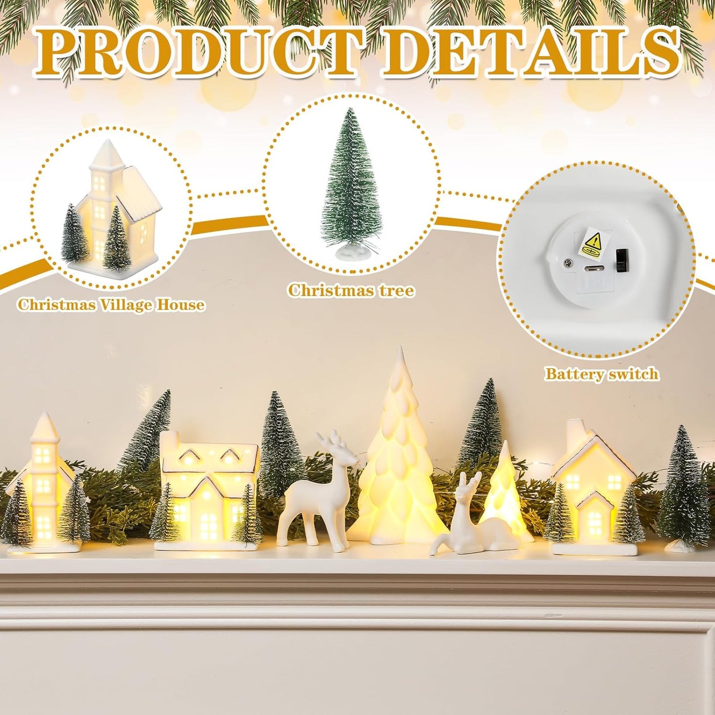 Regine Switzerland 12-Pc Ceramic Christmas Village Set - White Houses, LED Trees & Reindeer Figurines for Holiday Decor