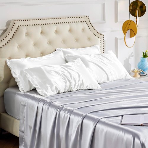 Bedsure King Size Satin Pillowcase Set of 4 - Pure White Silk-Like Covers for Hair & Skin | 20x36 Inches