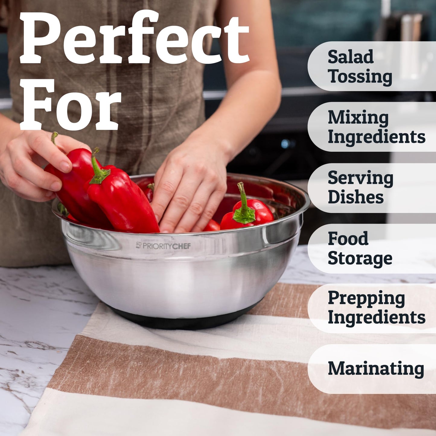 Priority Chef Stainless Steel Mixing Bowls with Lids Set - Premium 30Pcs with 6pc Metal Bowl Set for Kitchen, 3 Graters, Airtight Lids, Non-Slip Bases & Silicone Utensils, Black