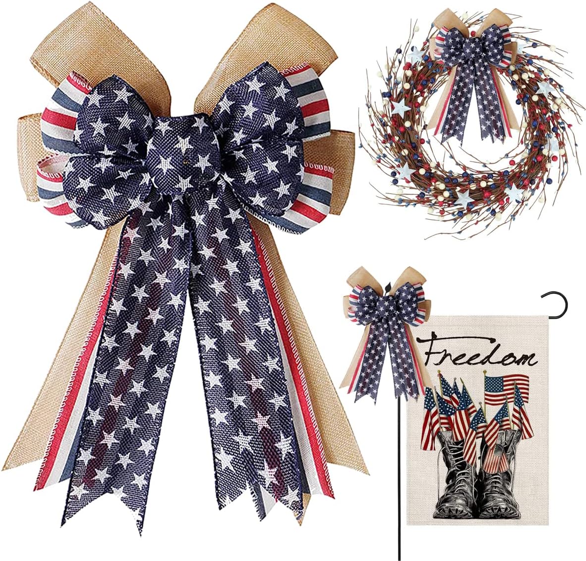 Patriotic Decor Bows - Burlap Red White Blue Stripe Stars | Perfect for 4th of July & Memorial Day