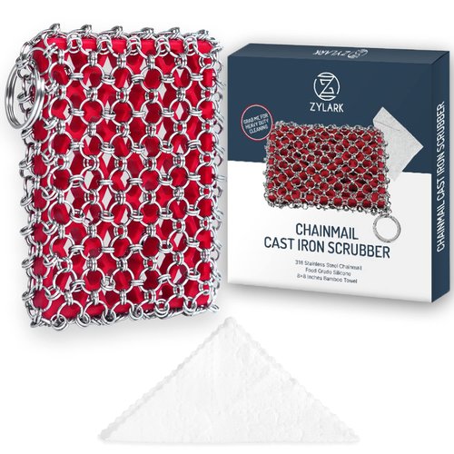 Cast Iron Scrubber Chainmail - 316L Cast Iron Cleaner Scrubber and Bamboo Cloth Set - Chain Mail Scrubber - Stainless Steel Chainmail Scrubber for Skillet, Pan, Dutch Oven - Essential Accessory
