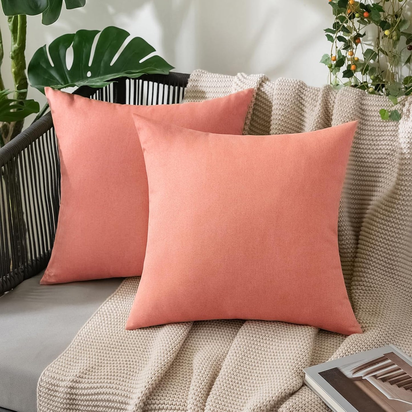MIULEE Decorative Outdoor Throw Pillow Covers - Waterproof Faux Linen Cushion Cases | 20x20 Inch Blush Pink (Pack of 2)