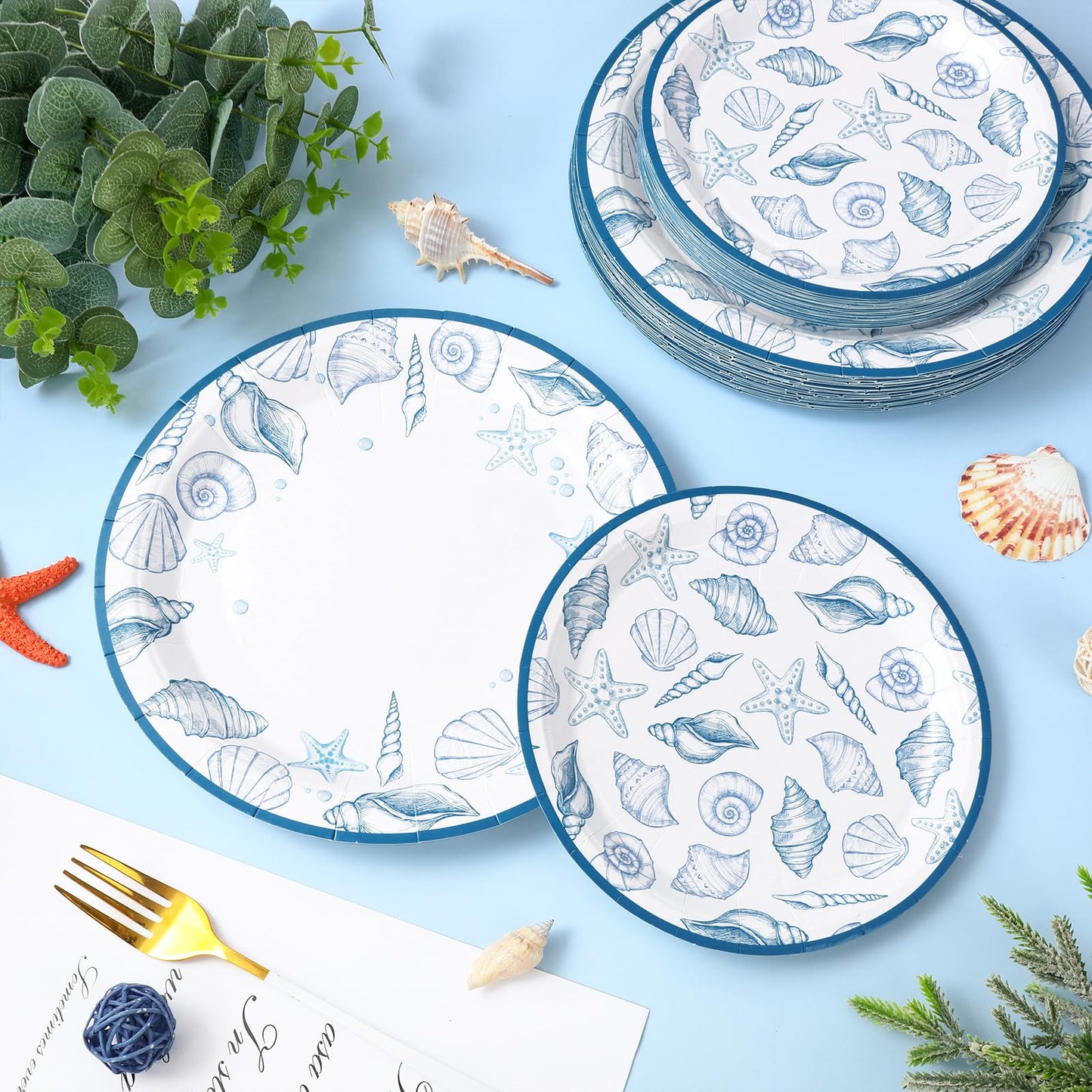 FYSUIMU 50 Pcs Ocean Paper Plates Blue Seashell Disposable Plates 7 & 9 Inch Summer Sea Beach Theme Dessert Plate for Birthday Baby Shower Wedding Party Tableware Supplies