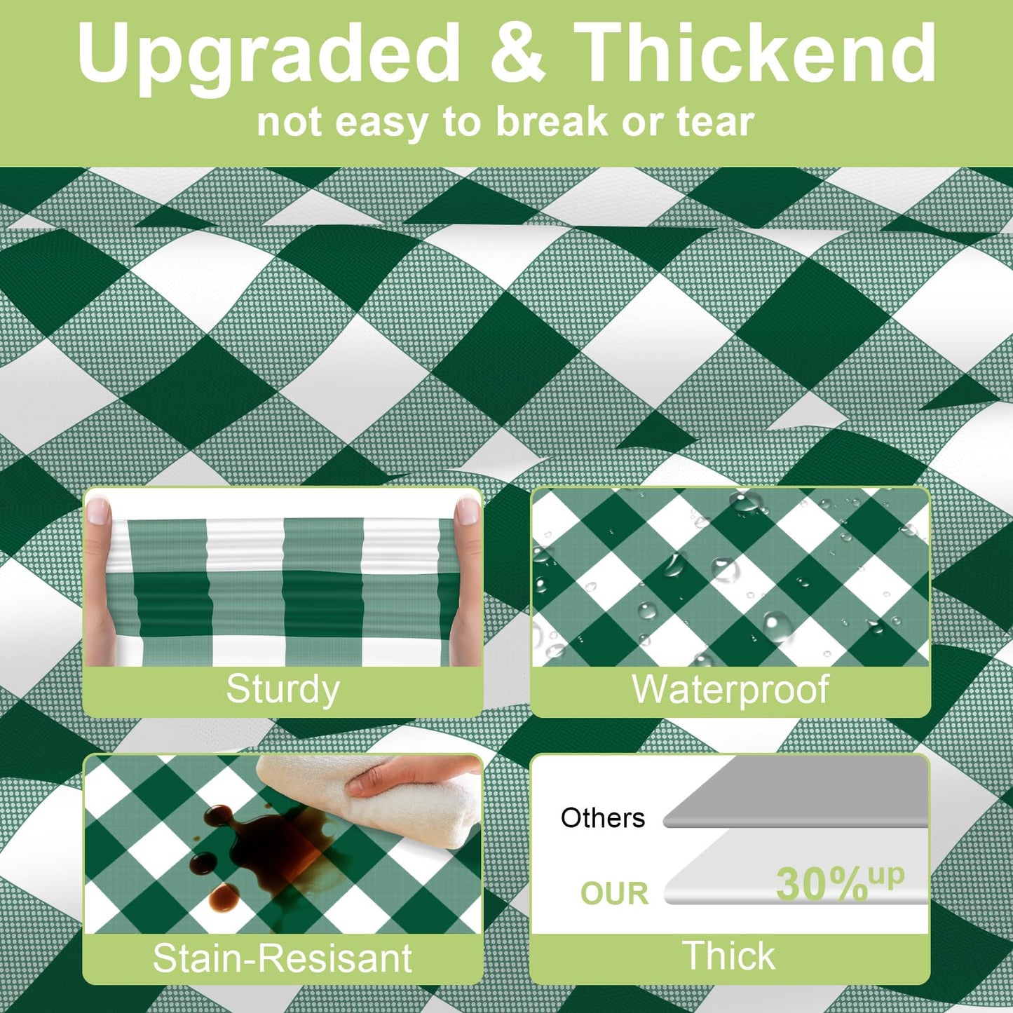 QIKSION Green Gingham Tablecloth Disposable 6 Pack, 54 x 108 Inch Green and White Checkered Table Cloth for Camping, Birthday, Masters Golf Party Supplies, Rectangle, Plastic Table Cover