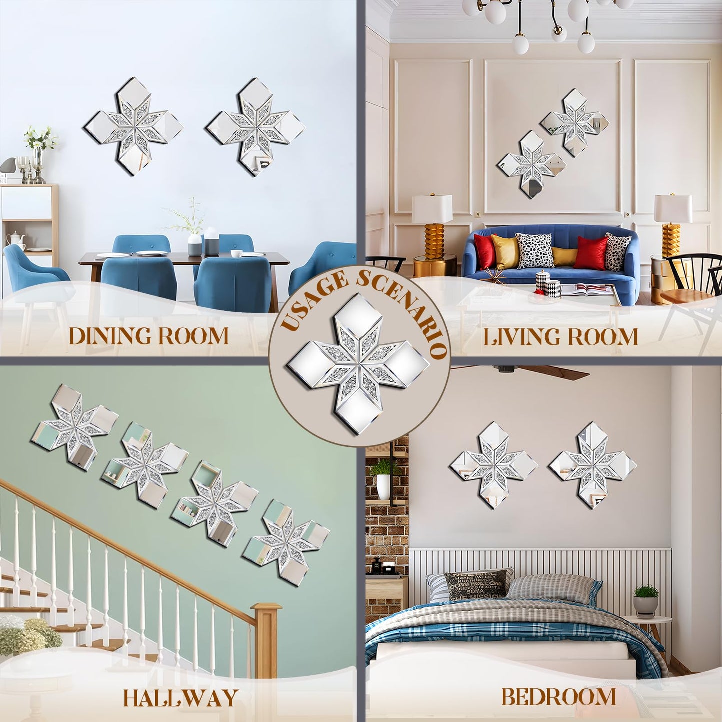 GA Home Crushed Diamond Mirror Wall Decor 2 Pack, 22.25x22.25” Diamond Shape Silver Wall Mirror for Living Room Dining Room Bedroom