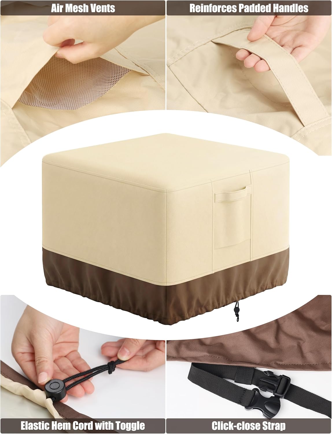 Vailge 100% Waterproof Square Fire Pit Cover - Heavy Duty Outdoor Protection | 44"L x 44"W x 24"H, Beige & Brown