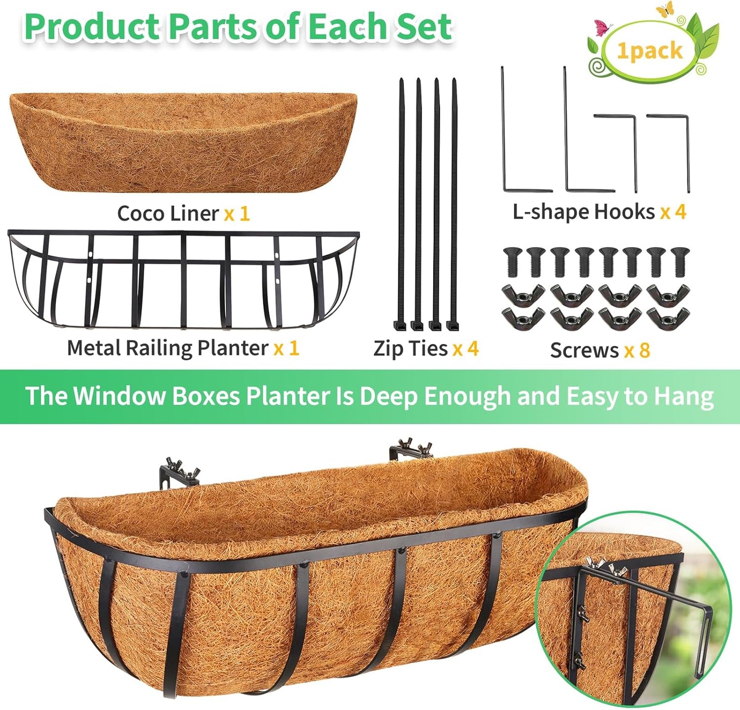 Legigo 16-Inch Window Box Planters - Durable Metal Railing Planters with Coconut Liners | 2-Pack for Outdoor Use