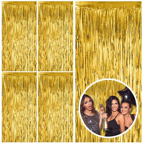 5 Pack Gold Fringe Curtain Backdrop Tinsel Streamers Birthday Party Decorations Christmas Photo Booth Backdrop Halloween New Year Graduation Baby Shower Theme Party Decorations