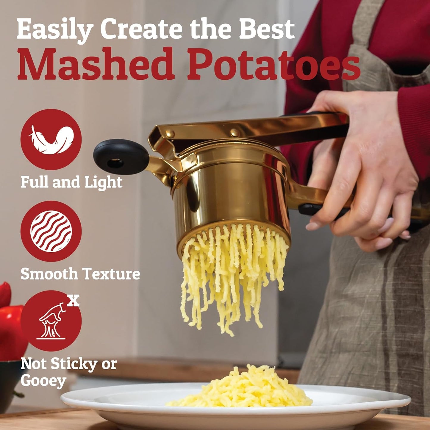 PriorityChef 15oz Potato Ricer - Heavy Duty Stainless Steel Masher for Perfect Mashed Potatoes | Gold & Black