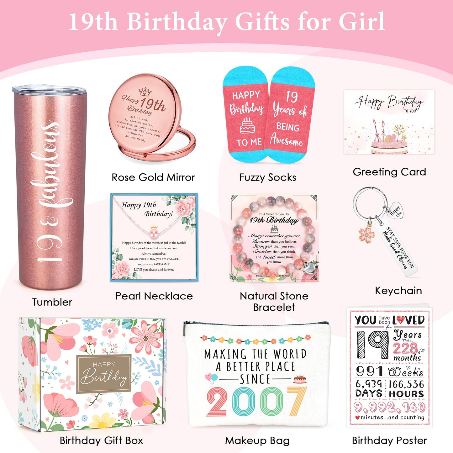 19 Year Old Girl Birthday Gift Ideas Happy 19th Birthday Gifts for Girls Unique Gifts for 19 Year Old Female, Women, Daughter, College Girls Cool 19th Decorations Gift Box with Tumbler Makeup Bag