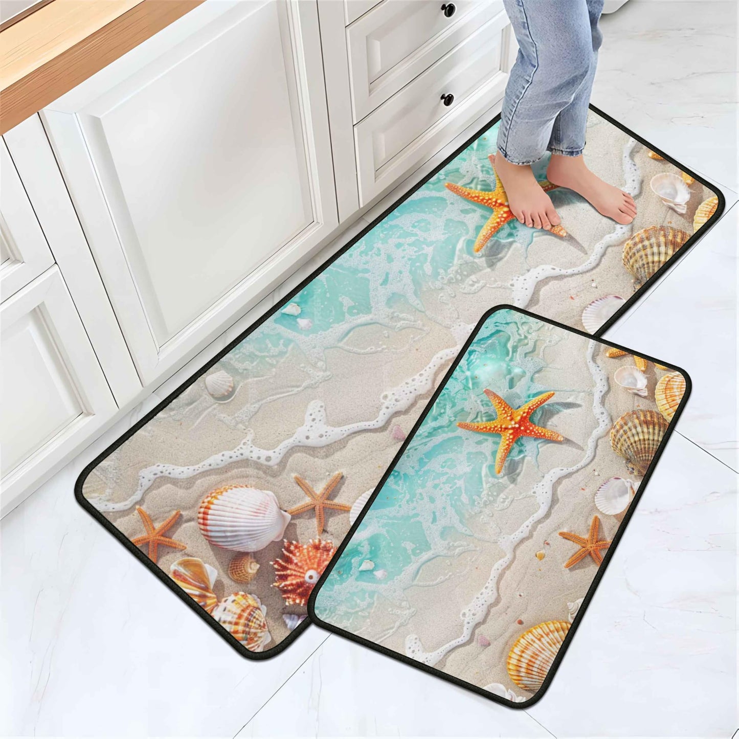Lumiprinta Ocean Theme Tropical Beach Seashell Starfish Decorative Kitchen Rugs and Mats Set of 2, Low-Profile Floor Mats Decorations for Home Kitchen 17"x47"+17"x30"