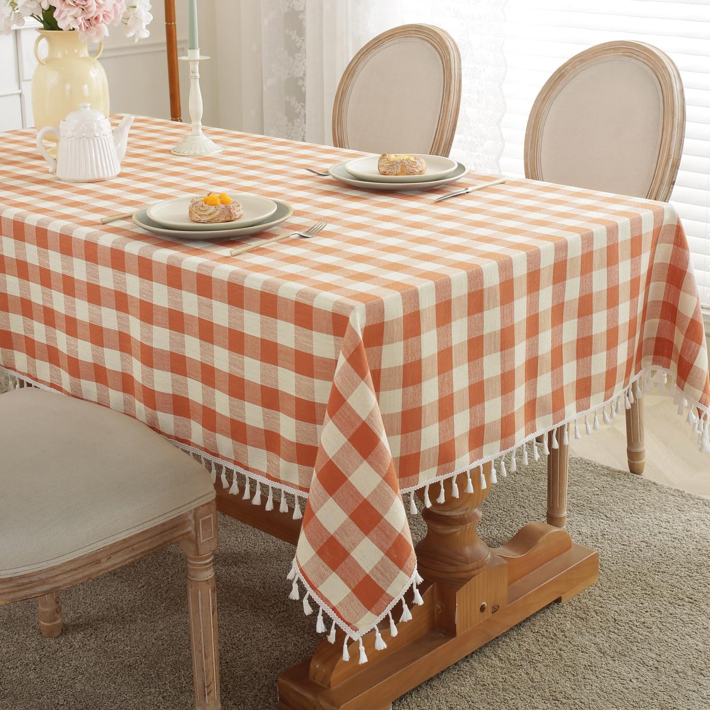 Laolitou Orange Checkered 60" Round Tablecloth (Fits 30-48" Table) Washable Buffalo Plaid Table Cloth with Tassel Cotton Linen Gingham Table Cover for Fall Decorations, Orange, Round