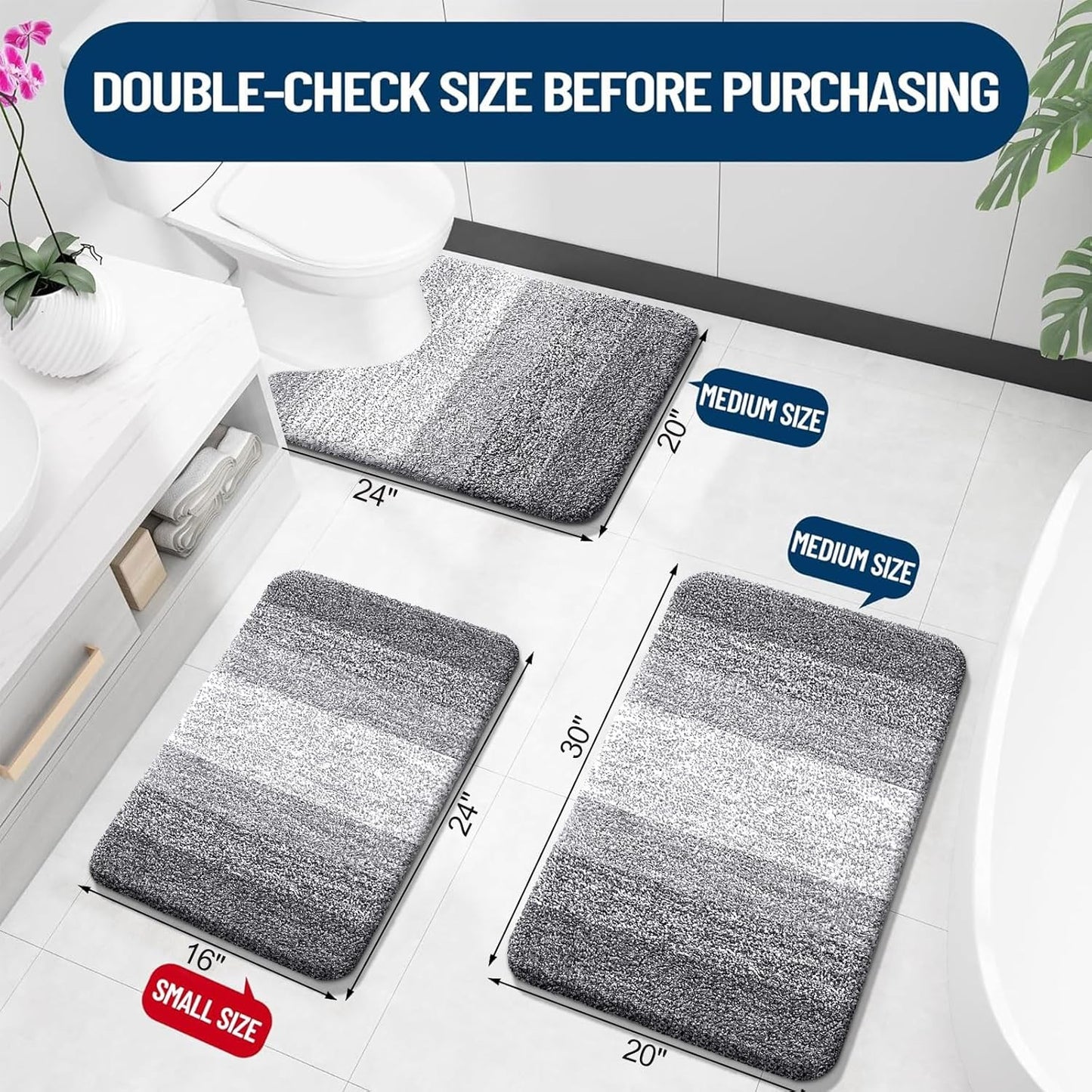 OLANLY 3-Piece Bathroom Rug Set - Soft Absorbent Microfiber Mats & U-Shaped Toilet Rug | Grey, Plush & Machine Washable (30"x20"+24"x16"+24"x20")