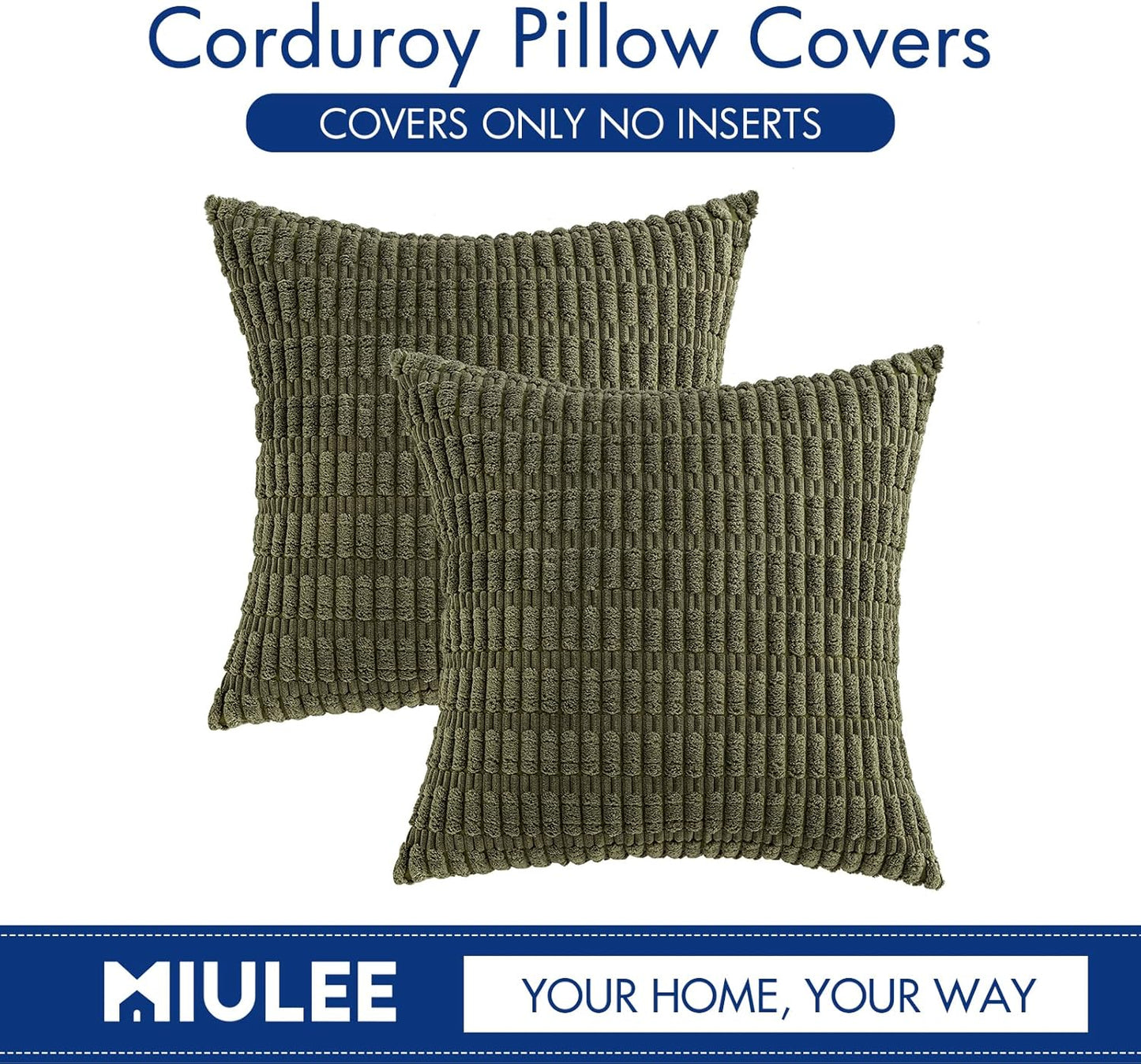 MIULEE Decorative Throw Pillow Covers - Pack of 2 Soft Boho Striped 20x20 Inch for Modern Farmhouse Decor - Olive Green