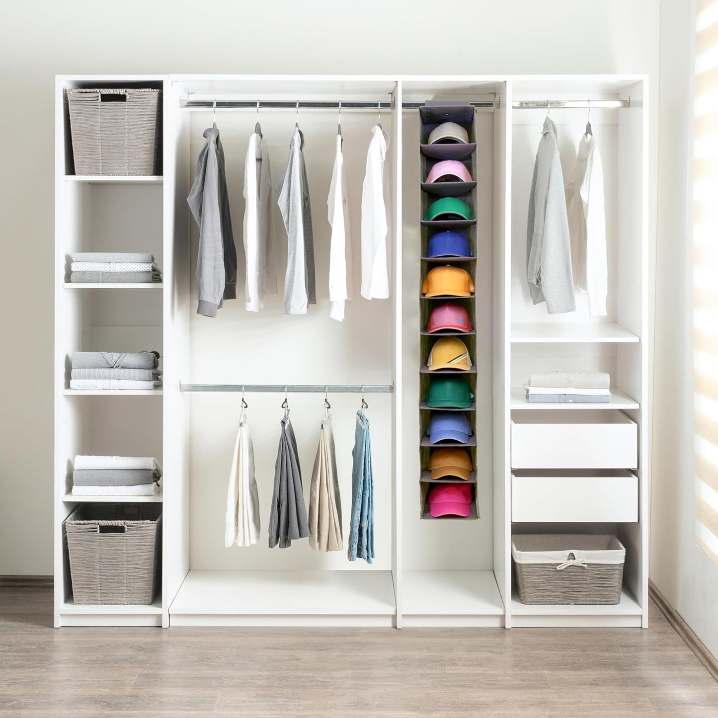 Perfect Curve 11-Pocket Baseball Hat Organizer - Gray Storage Rack for Up to 100 Caps | Versatile Use for Shoes & Towels