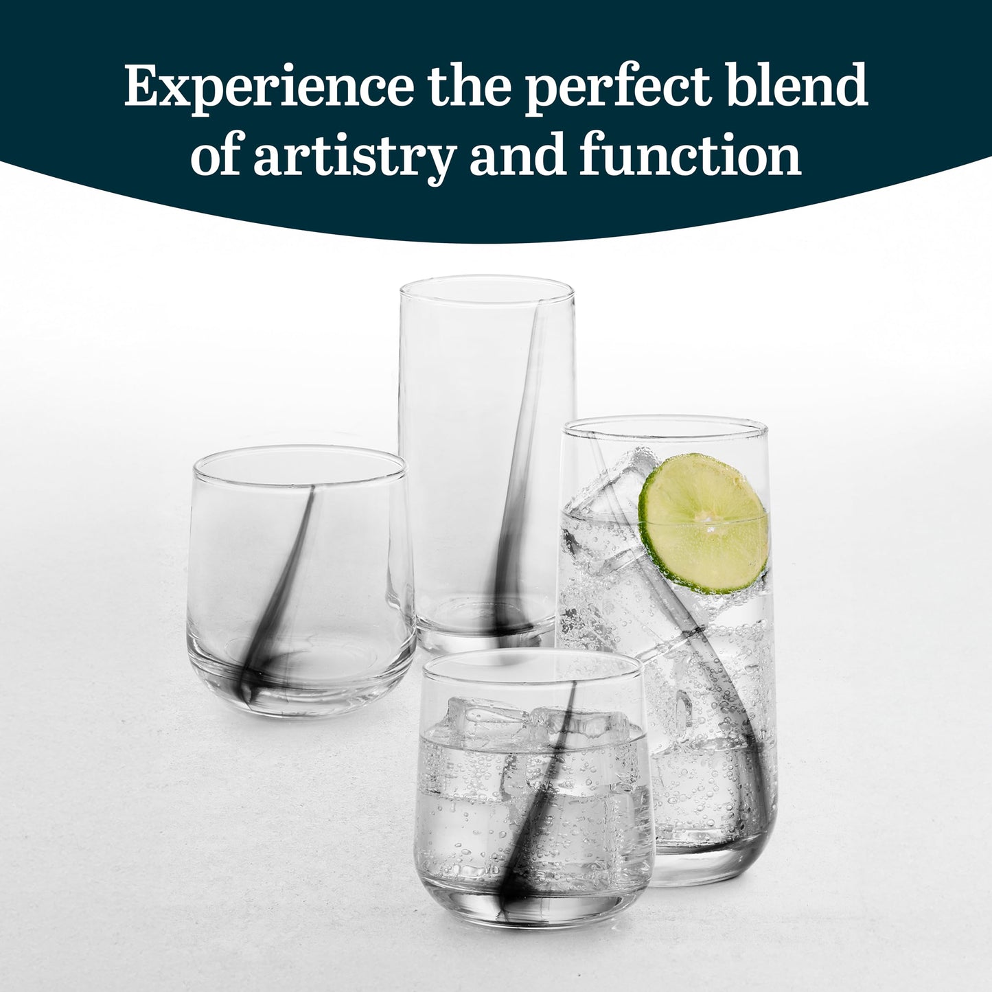 Libbey Ascent Black Ribbon Tumbler and Rocks Drinking Glasses Set of 16, Glass Drinking Glasses with Curvature, Versatile Glassware Set for Daily Use