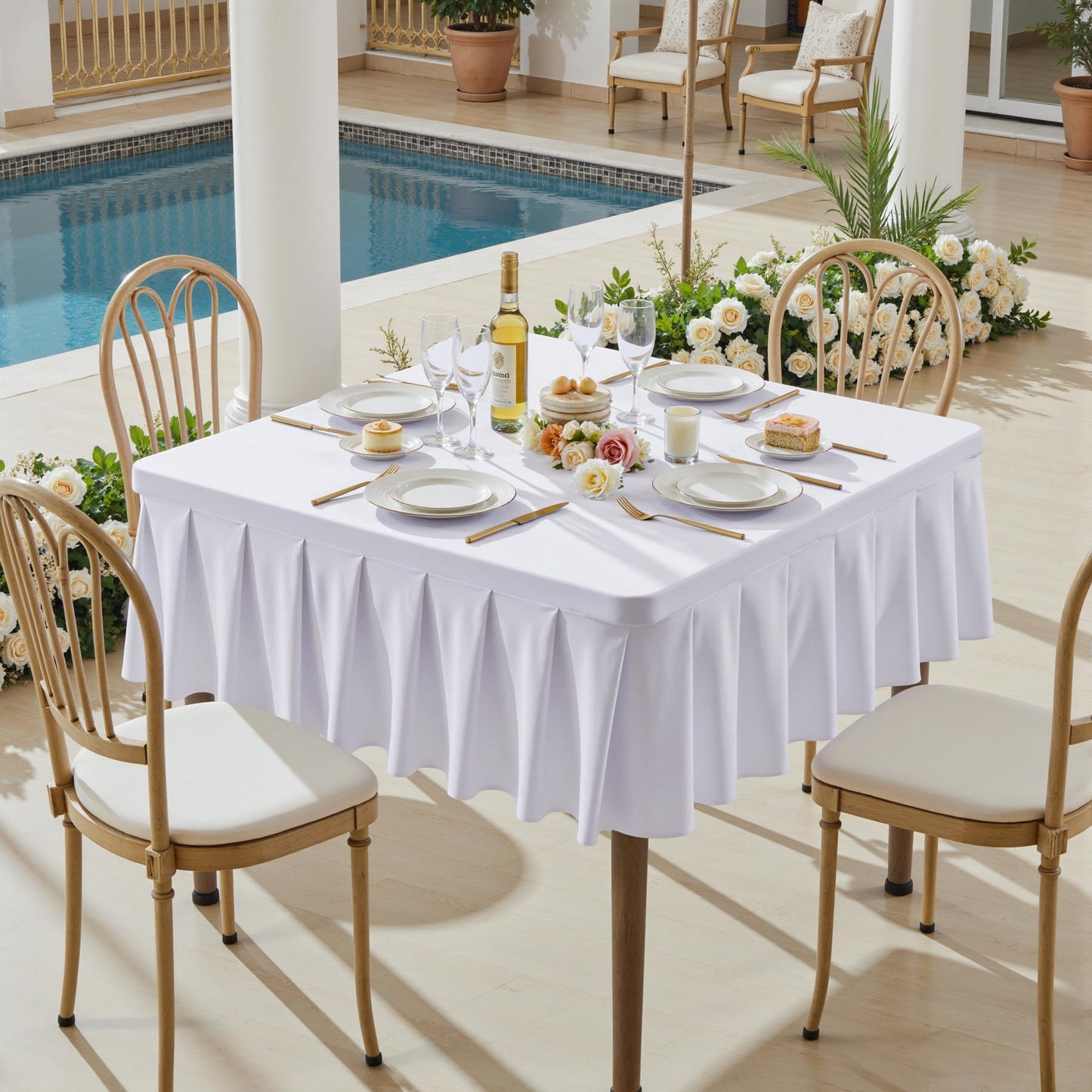 White Spandex Tablecloths for 34x34 Inch Square Tables, Stretch Fitted Table Clothes with Pleated Ruffle Skirt for 34” Table, Wrinkle Free and Elastic, for Party Kitchen Home Dining Outdoor Patio