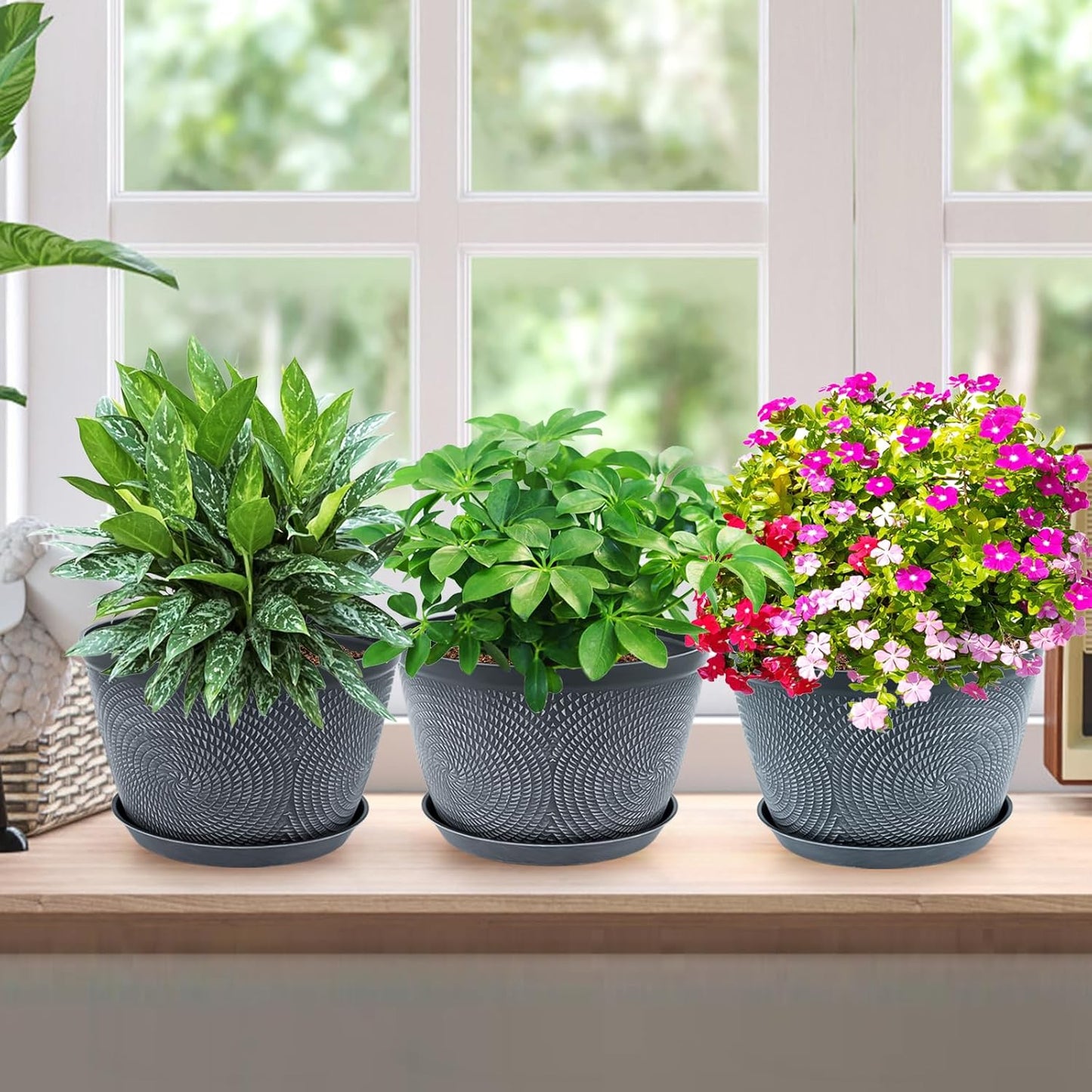 Quarut 10 Inch Flower Pots - 3 Pack Plastic Planters with Drainage Hole & Tray | Modern Gray Garden Pots