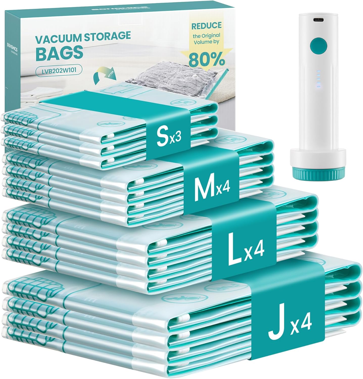 SONGMICS Vacuum Storage Bags - Rechargeable Electric Pump for Clothing & Bedding | 15 Pack, Transparent