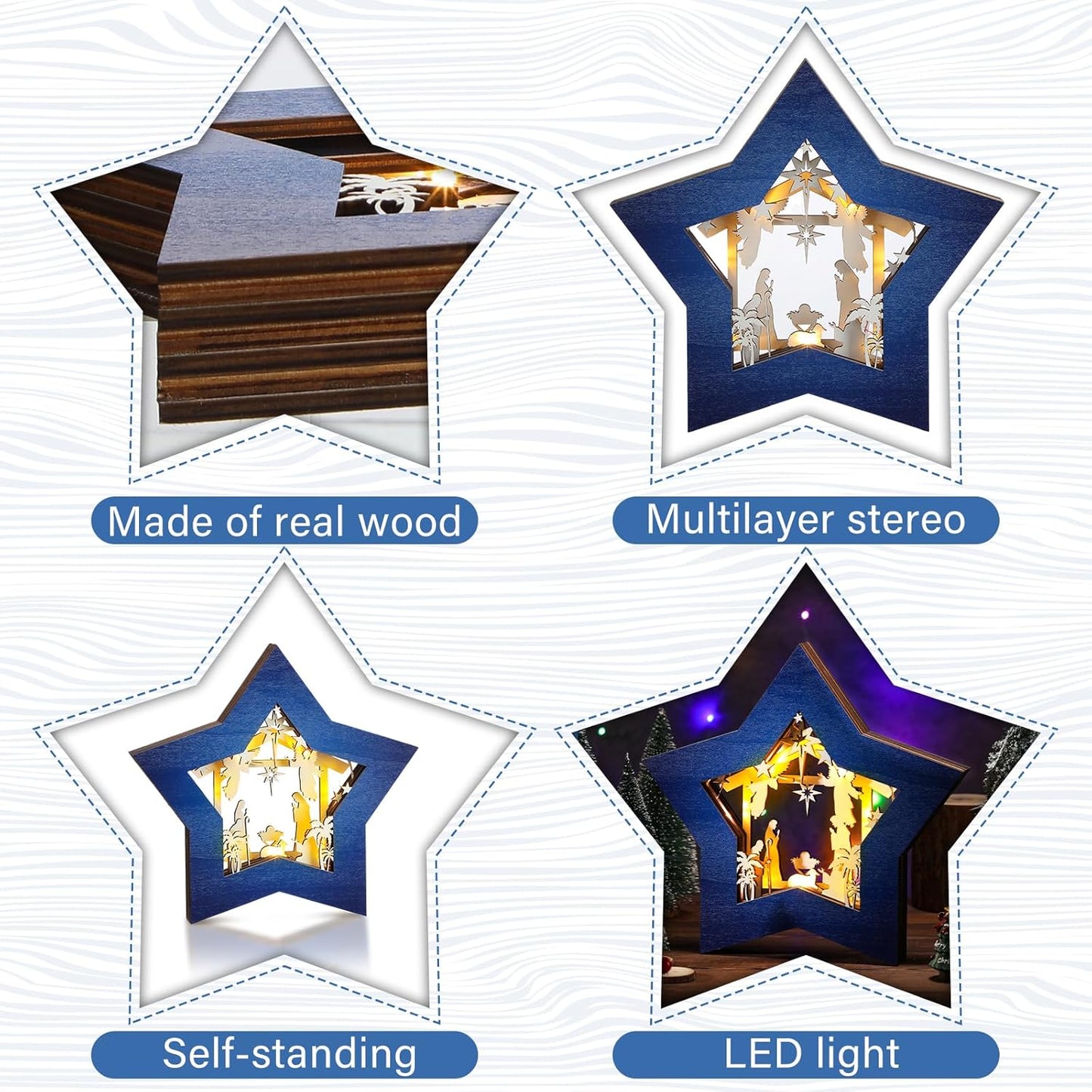 Wooden Nativity Scene Set - Rustic Christmas Tabletop Decoration with LED Light | Blue & White