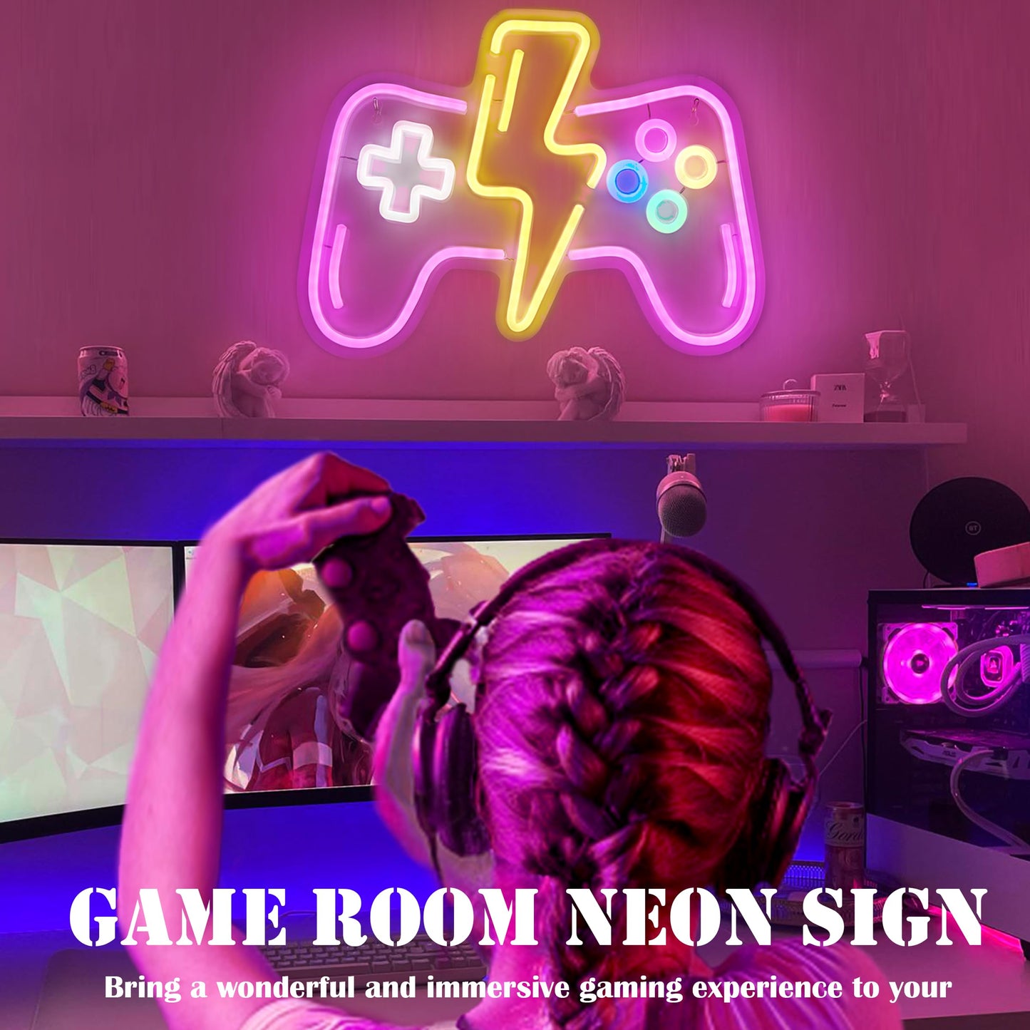 Pink LED Game Neon Sign Light for Gamer Room Decor USB Powered with Switch Gaming Accessories Acrylic Gamepad Neon Sign for Video Game Room Teen Girls Bedroom Wall Decor Gift Ideas for Gamer