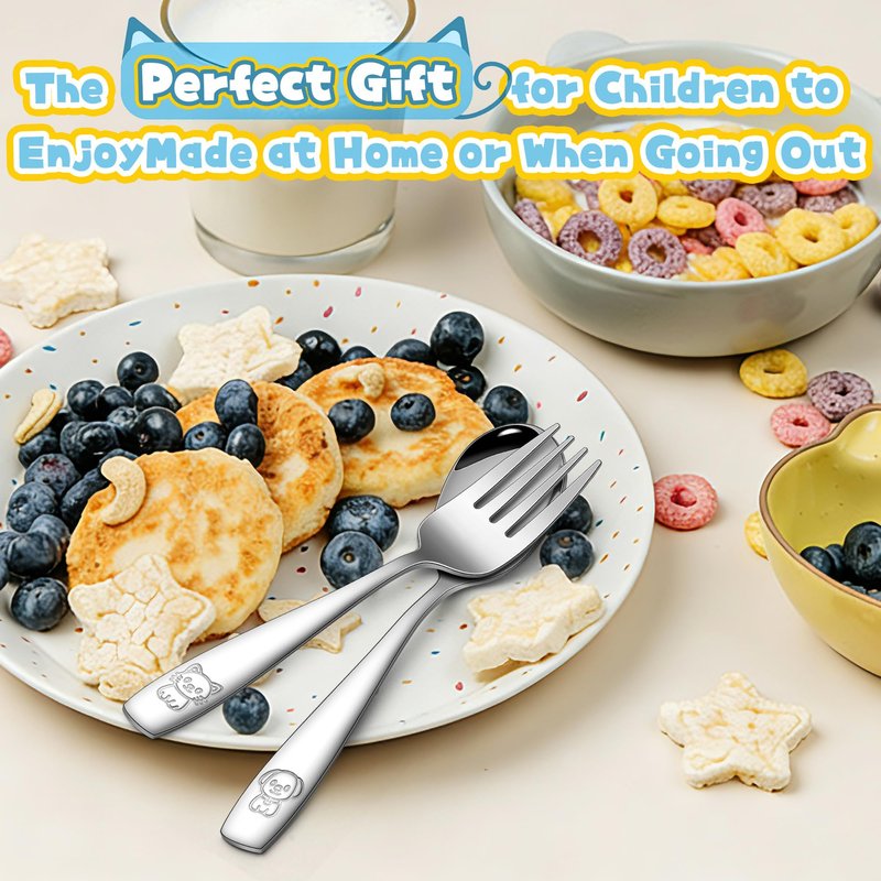 LIANYU 12 Pieces Kids Silverware Set, Stainless Steel Toddler Utensils, Food Grade Toddler 6 Forks and 6 Spoons for Self-Feeding, Metal Kids Cutlery Set with Cute Pattern, Dishwasher Safe