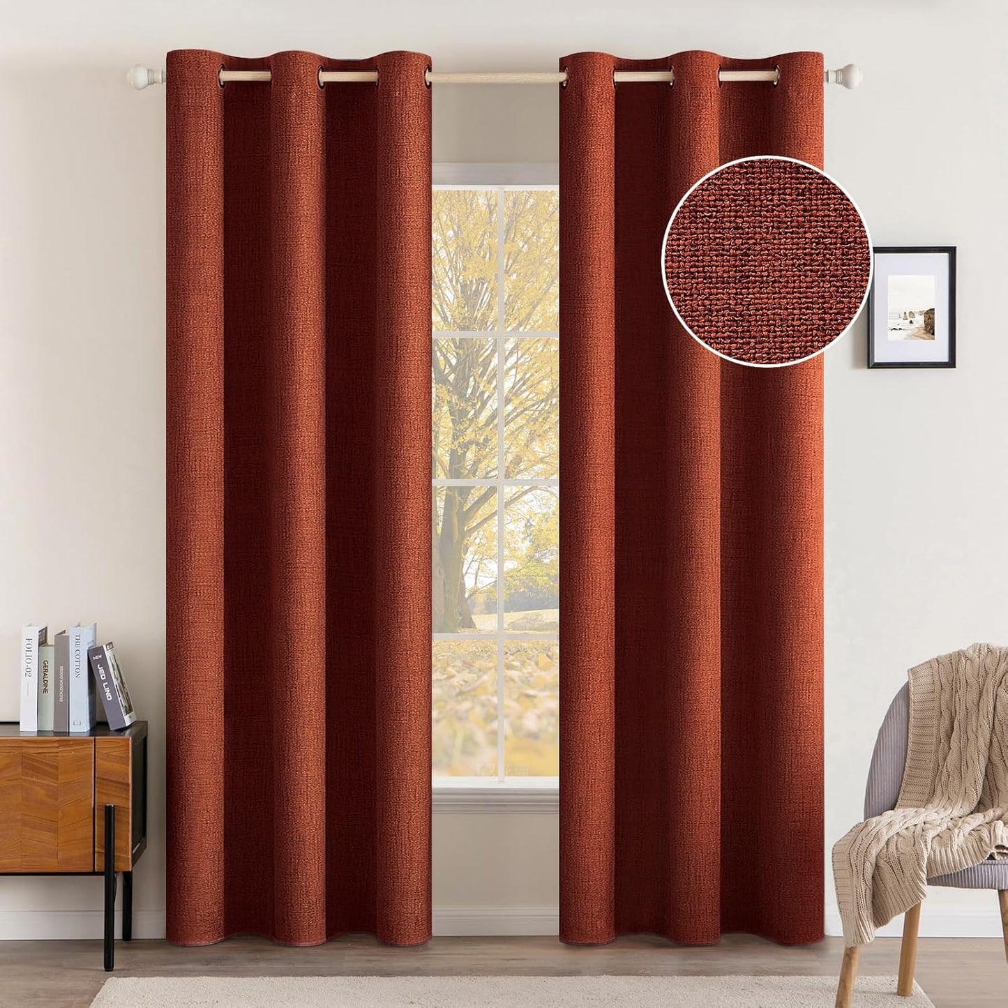 MIULEE 100% Blackout Linen Curtains - Thermal Insulated Burnt Orange Grommet Panels | 42 x 84 (Set of 2)